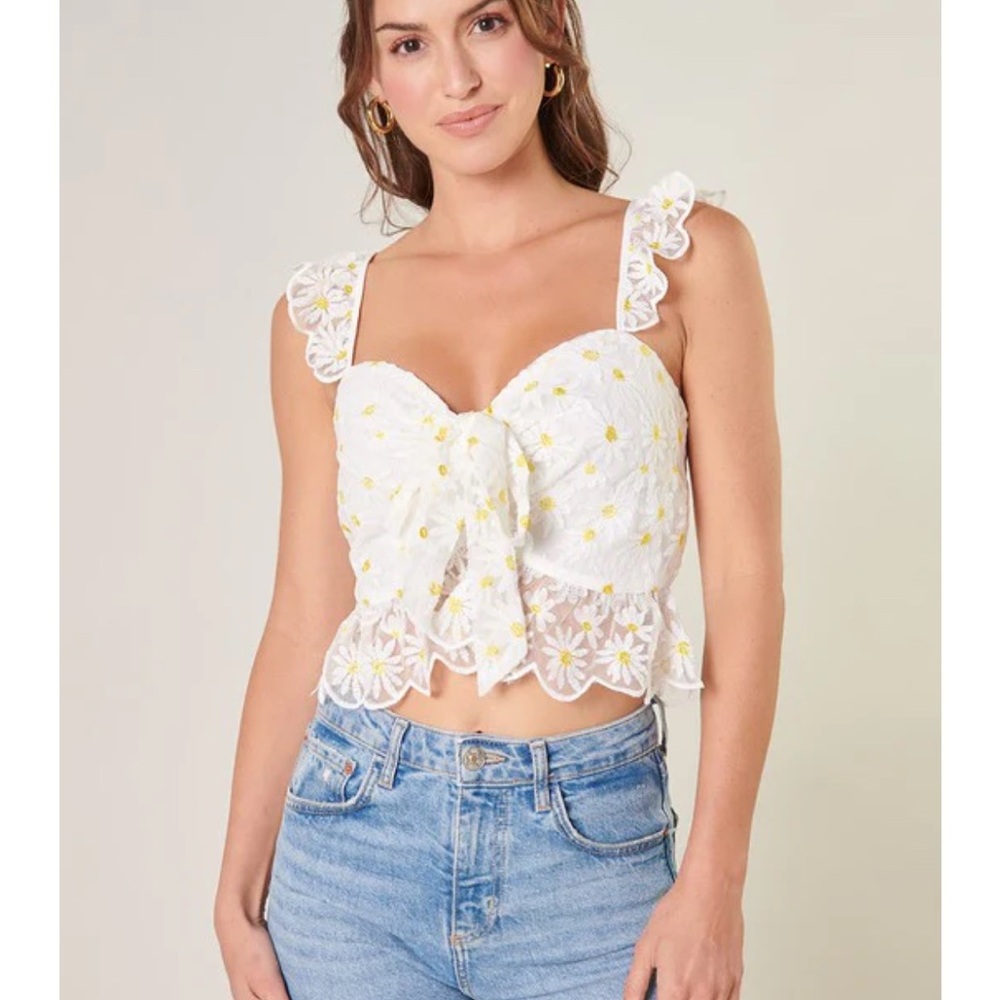 Cassiopeia Ruffle Front Tie Crop Top
White Floral Lace